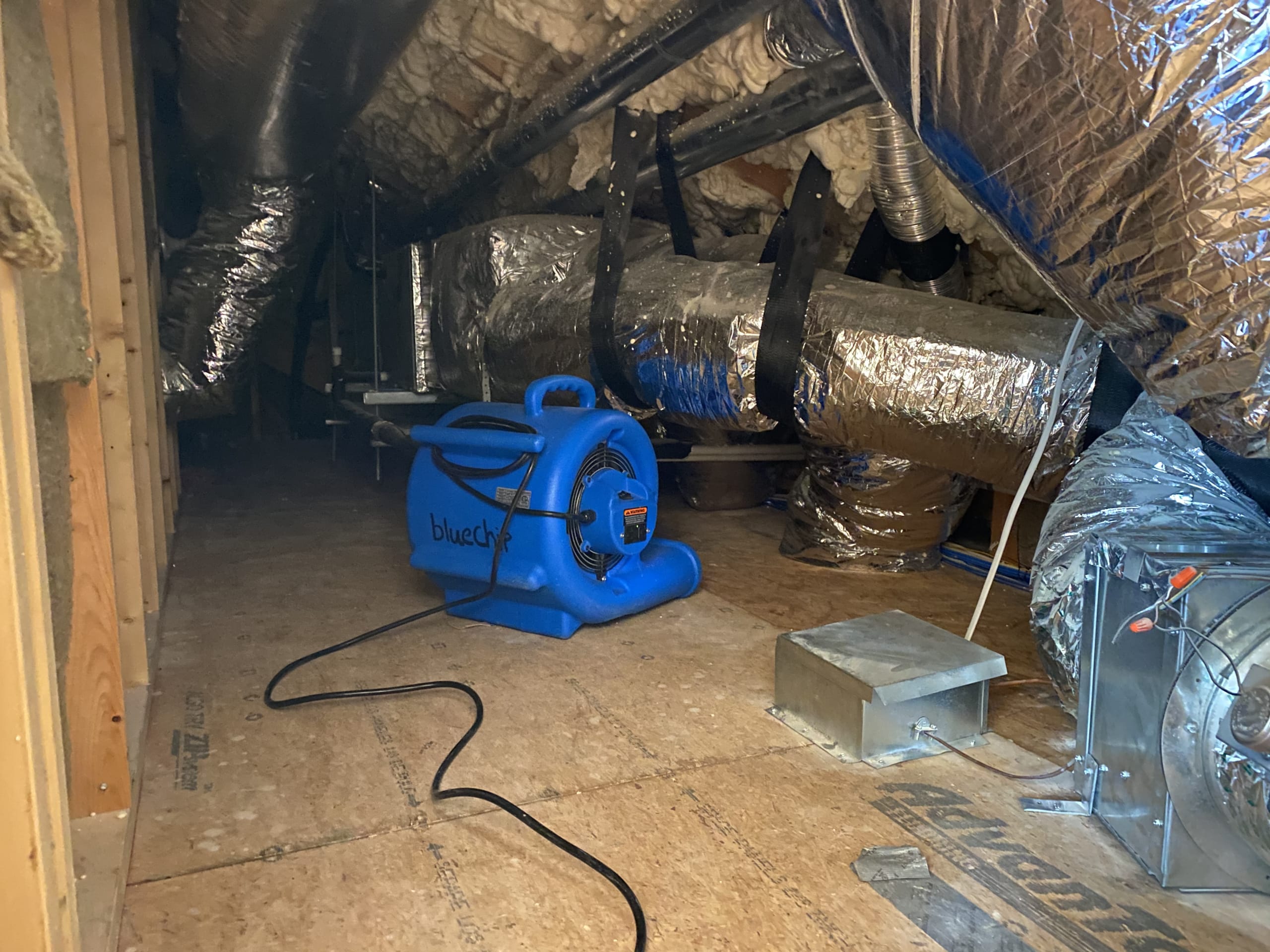 Fan drying subfloor in an attic